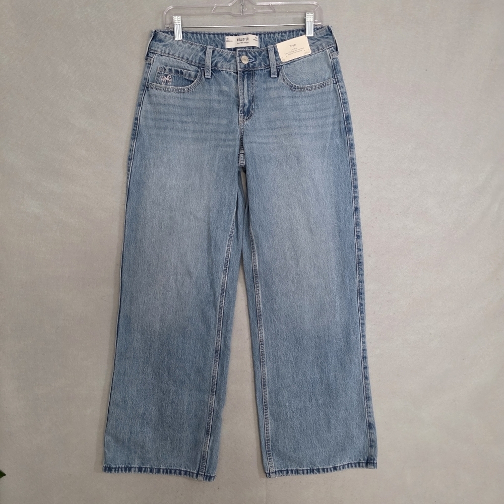NWT Hollister Womens Low Rise Baggy Pink Bow Embroidered Denim Jeans Size 4